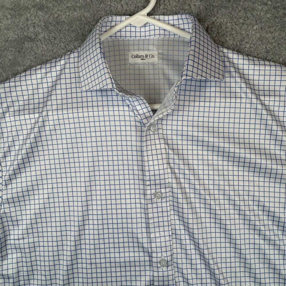 Collars & Co Mens S Blue White Windowpane Short Sleeve Dress Collar Polo Shirt